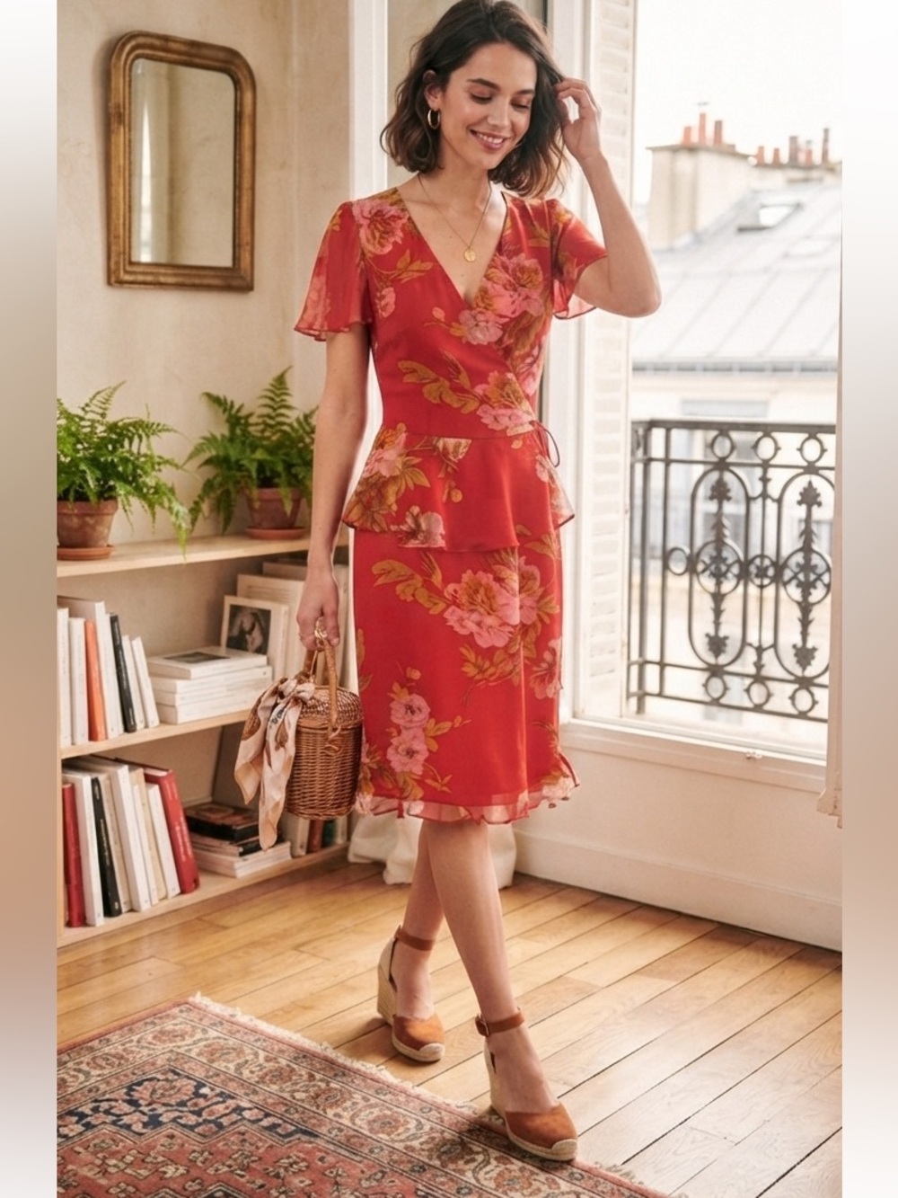 chetta b dress red floral ruffle silk wrap blouse and skirt set